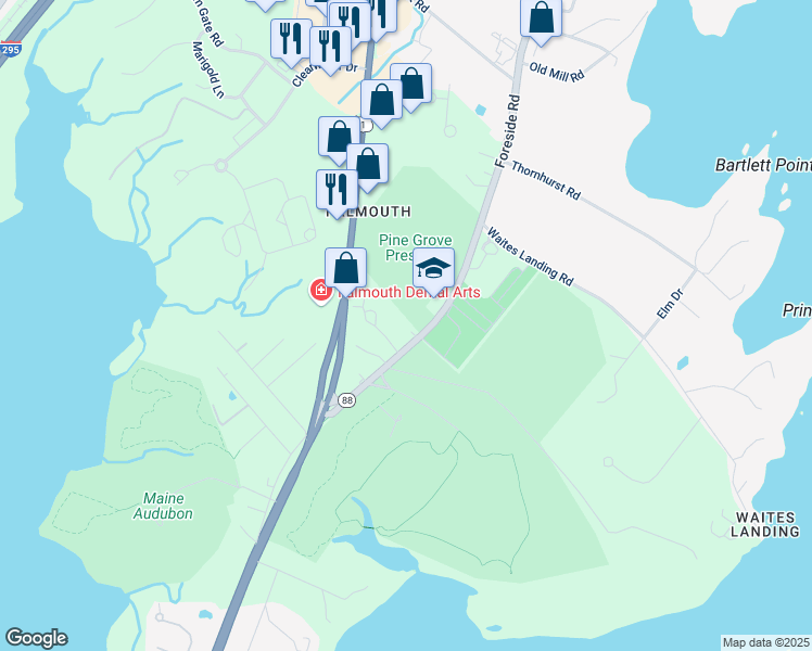 map of restaurants, bars, coffee shops, grocery stores, and more near 24 Colonial Village in Falmouth