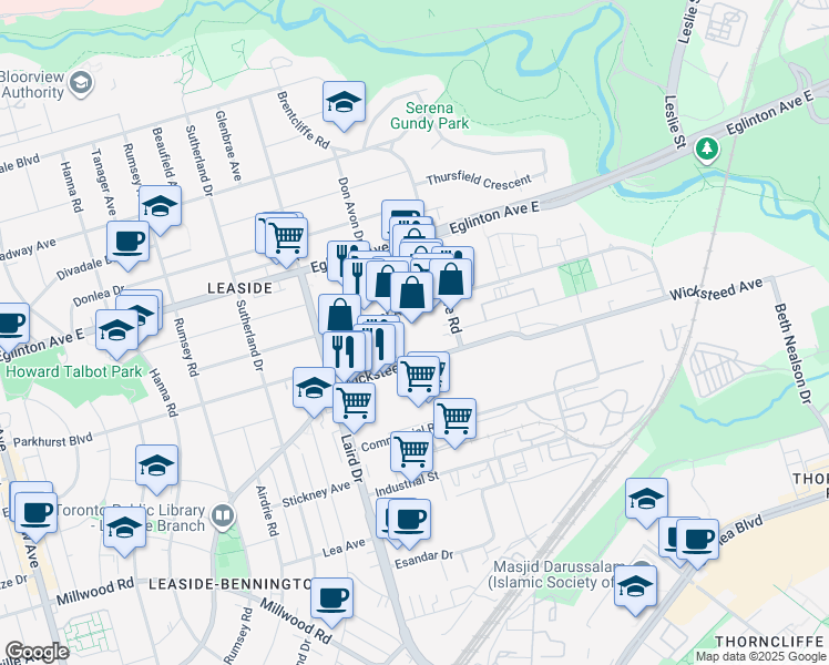 map of restaurants, bars, coffee shops, grocery stores, and more near in Toronto