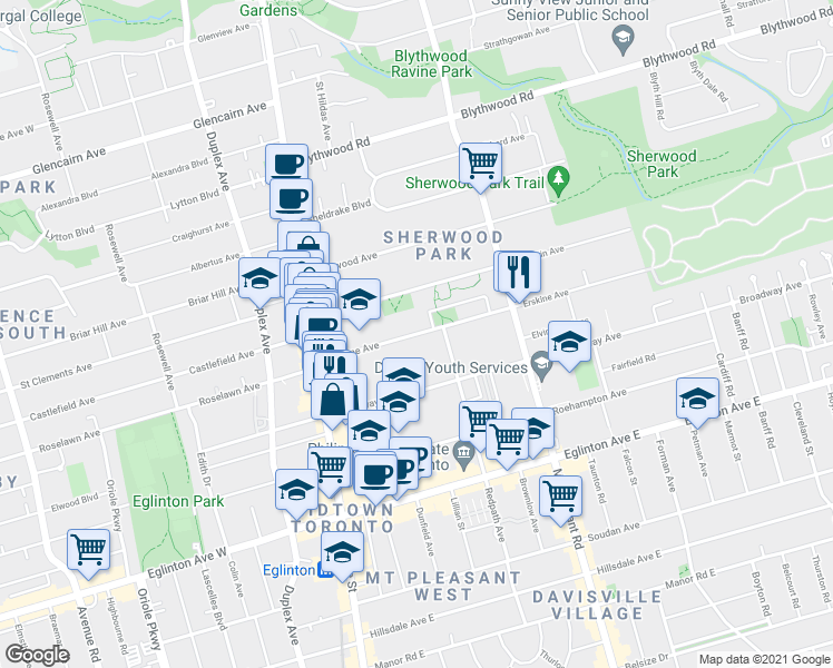map of restaurants, bars, coffee shops, grocery stores, and more near 101 Erskine Avenue in Toronto