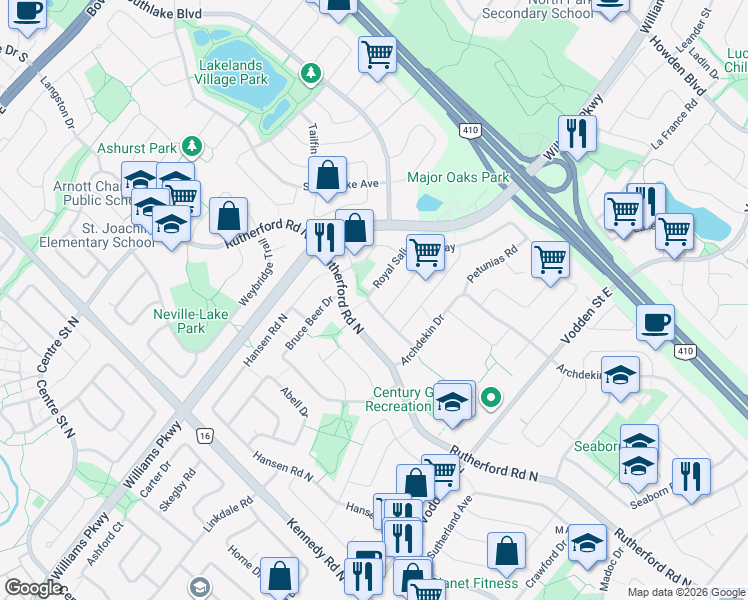 map of restaurants, bars, coffee shops, grocery stores, and more near 57 Royal Salisbury Way in Brampton