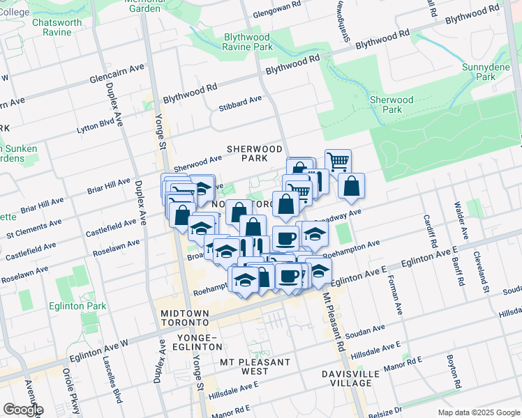 map of restaurants, bars, coffee shops, grocery stores, and more near in Toronto