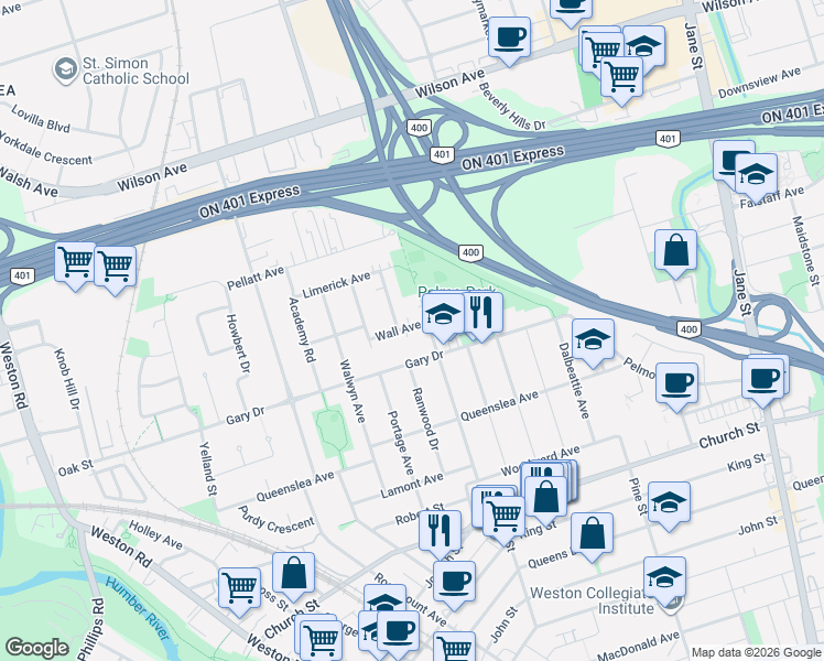map of restaurants, bars, coffee shops, grocery stores, and more near 19 Wall Avenue in Toronto