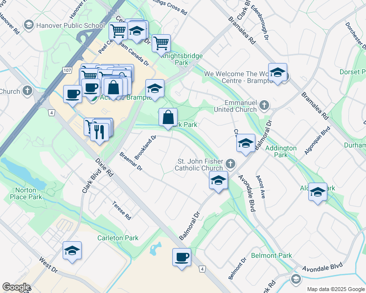 map of restaurants, bars, coffee shops, grocery stores, and more near in Brampton