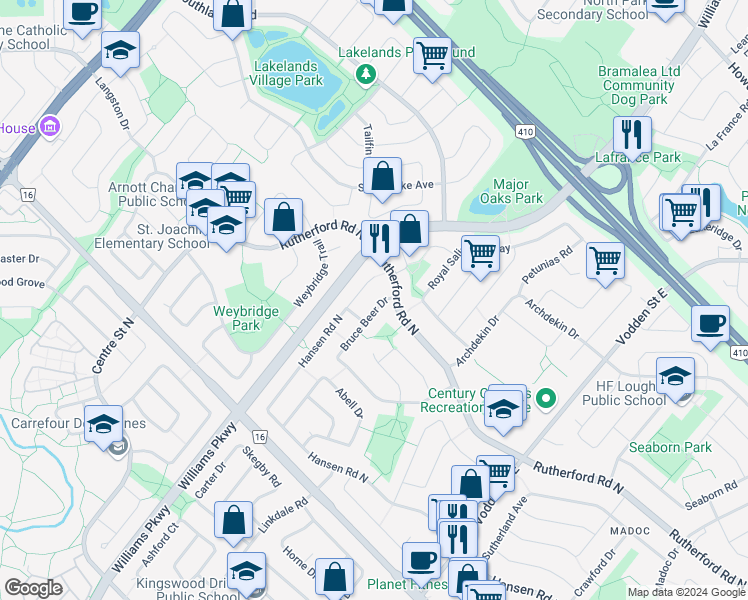 map of restaurants, bars, coffee shops, grocery stores, and more near 139 Bruce Beer Drive in Brampton