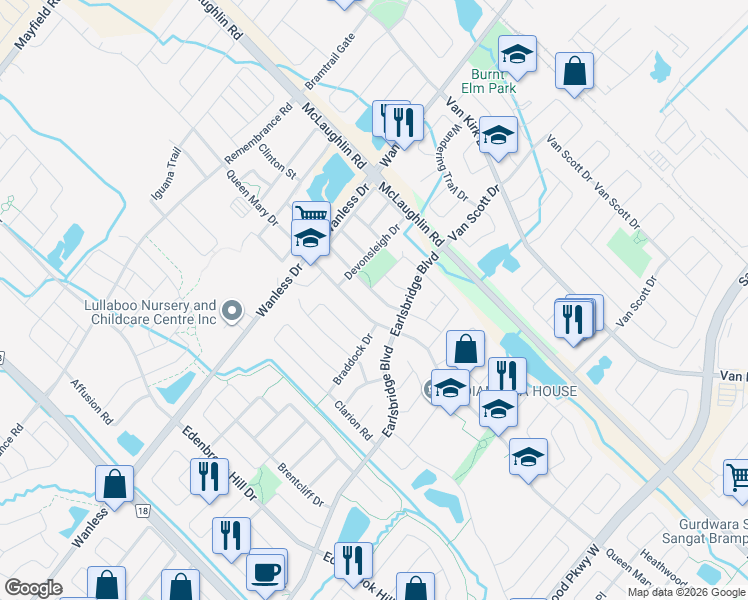 map of restaurants, bars, coffee shops, grocery stores, and more near in Brampton