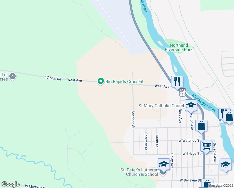 map of restaurants, bars, coffee shops, grocery stores, and more near 1015 Sheridan Street in Big Rapids