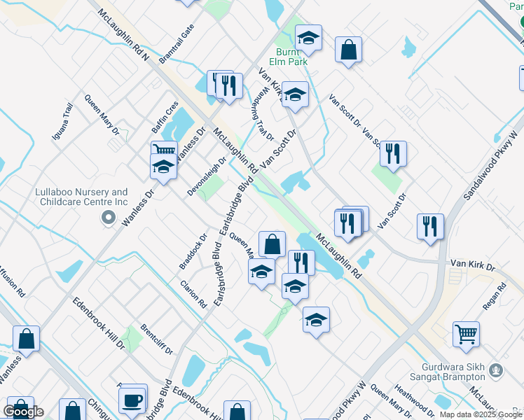 map of restaurants, bars, coffee shops, grocery stores, and more near Senwood Street in Brampton