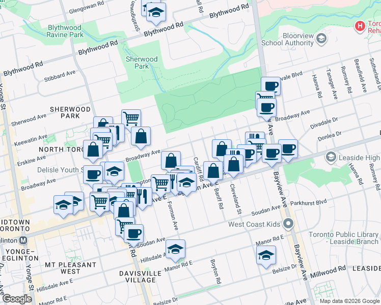 map of restaurants, bars, coffee shops, grocery stores, and more near in Toronto