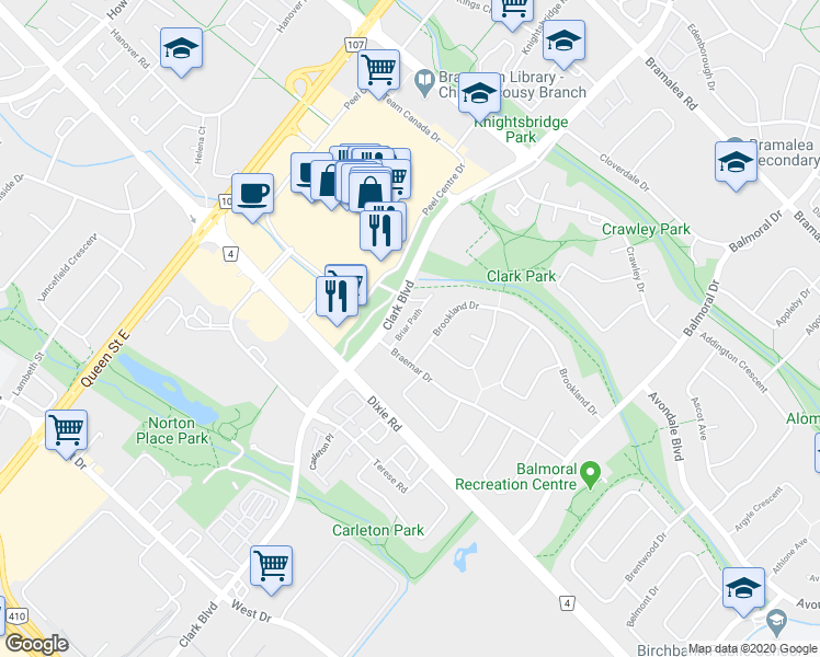 map of restaurants, bars, coffee shops, grocery stores, and more near 42 Briar Path in Brampton