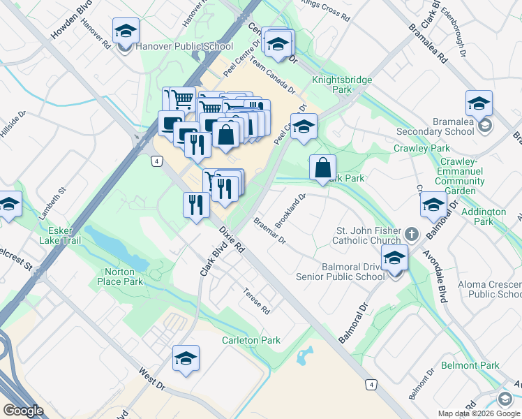 map of restaurants, bars, coffee shops, grocery stores, and more near in Brampton