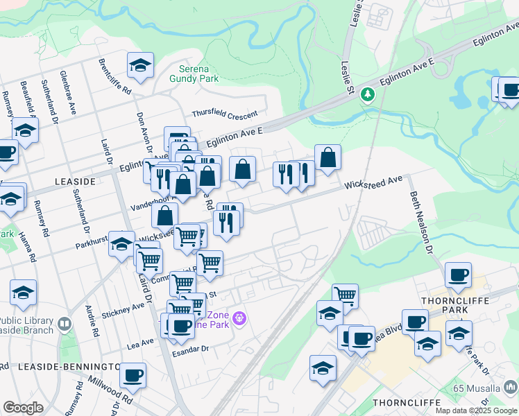 map of restaurants, bars, coffee shops, grocery stores, and more near 164 Clarke Street in Toronto