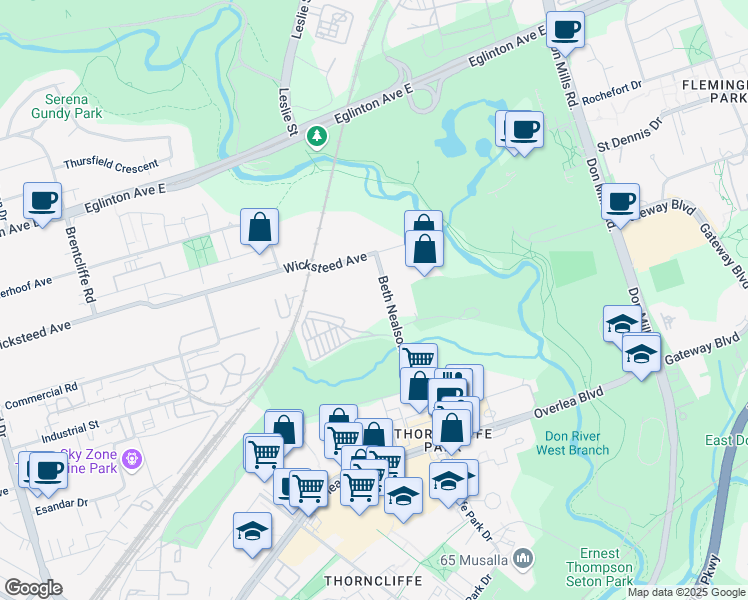 map of restaurants, bars, coffee shops, grocery stores, and more near 225 Wicksteed Ave in Toronto