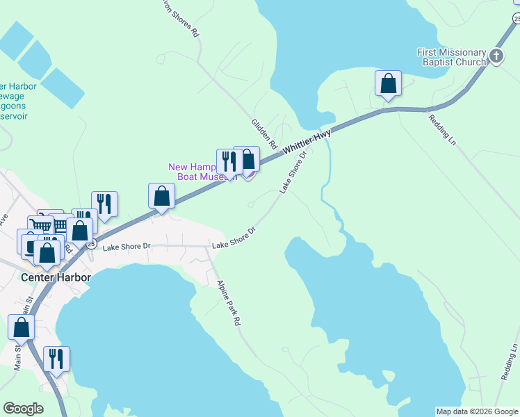 map of restaurants, bars, coffee shops, grocery stores, and more near 21 Bentley Road in Moultonborough