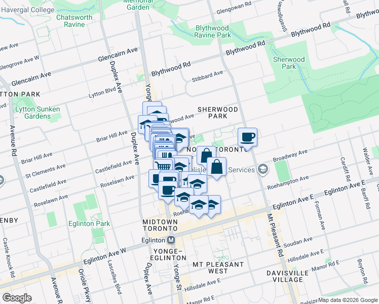map of restaurants, bars, coffee shops, grocery stores, and more near 70 Erskine Avenue in Toronto
