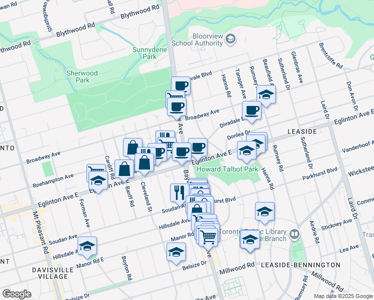 map of restaurants, bars, coffee shops, grocery stores, and more near in Toronto