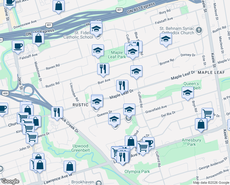 map of restaurants, bars, coffee shops, grocery stores, and more near 252 Maple Leaf Drive in Toronto