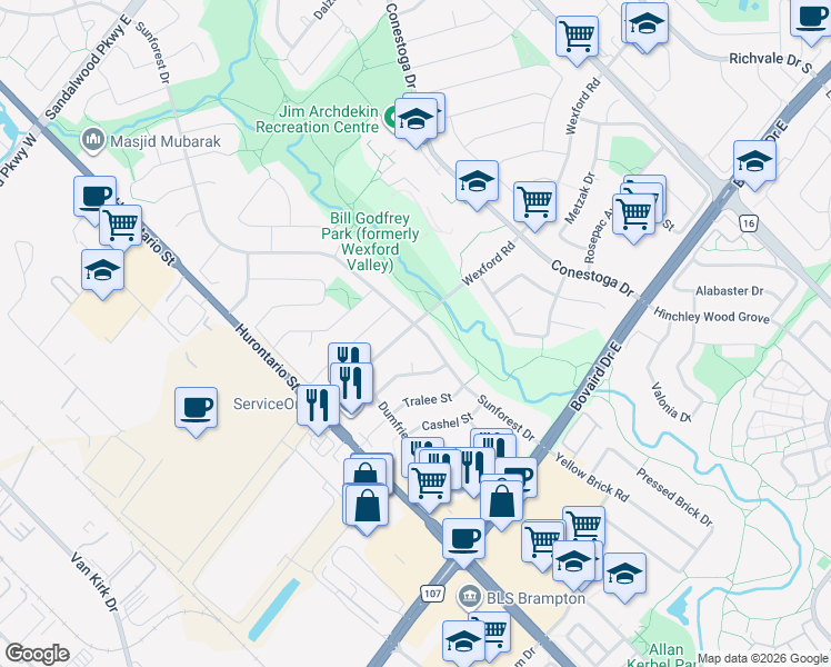 map of restaurants, bars, coffee shops, grocery stores, and more near 57 Wexford Road in Brampton