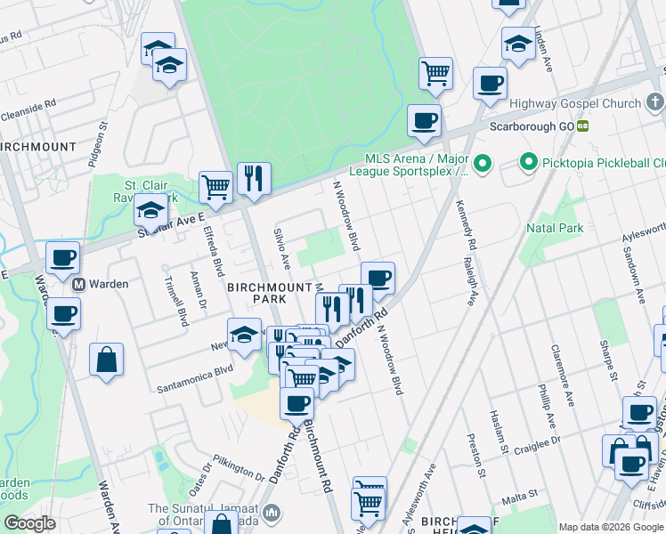 map of restaurants, bars, coffee shops, grocery stores, and more near 38 Zenith Drive in Toronto
