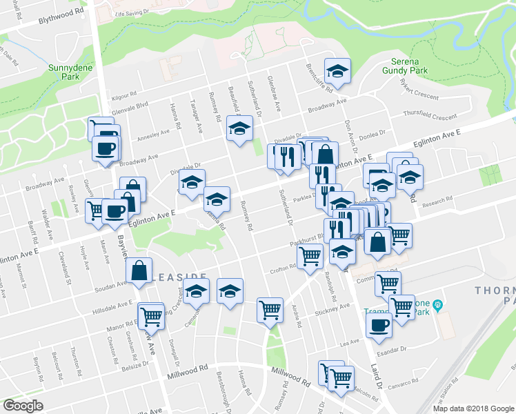 map of restaurants, bars, coffee shops, grocery stores, and more near 42 Parklea Drive in Toronto