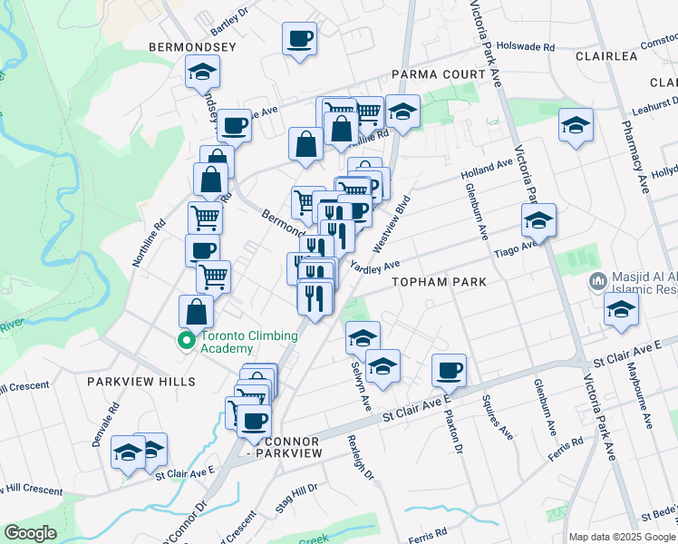 map of restaurants, bars, coffee shops, grocery stores, and more near 1161 O'Connor Drive in Toronto
