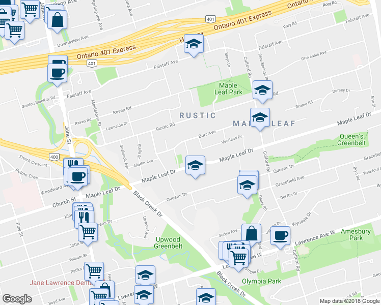 map of restaurants, bars, coffee shops, grocery stores, and more near 13 Bourdon Avenue in Toronto