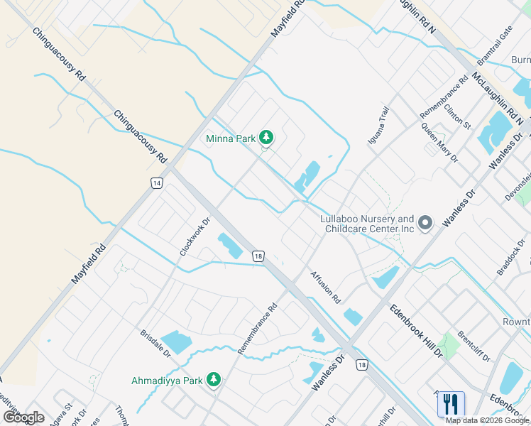 map of restaurants, bars, coffee shops, grocery stores, and more near 42 Callandar Road in Brampton