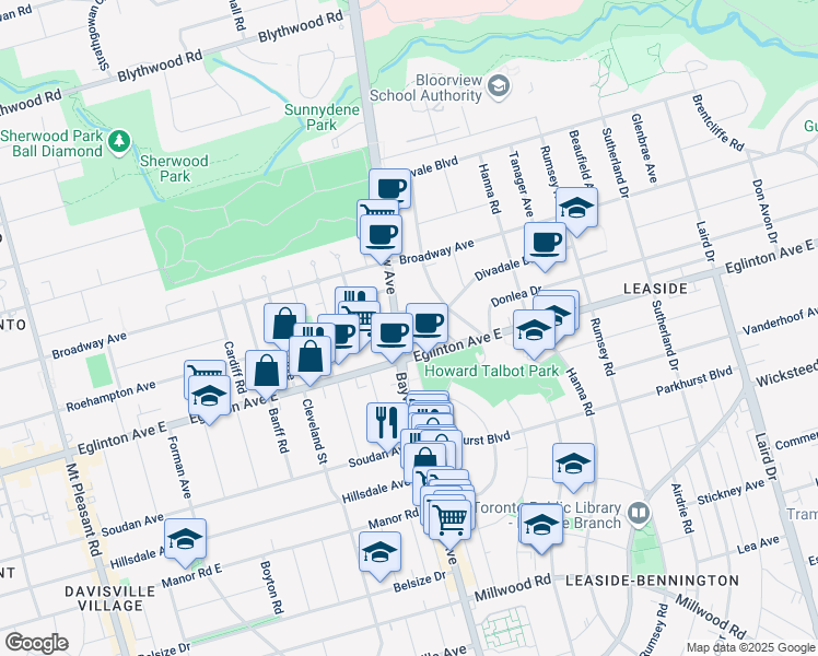 map of restaurants, bars, coffee shops, grocery stores, and more near in Toronto