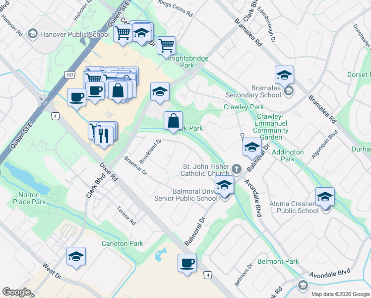 map of restaurants, bars, coffee shops, grocery stores, and more near in Brampton