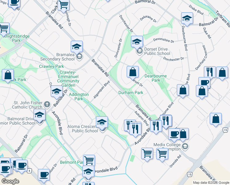 map of restaurants, bars, coffee shops, grocery stores, and more near 46 Autumn Boulevard in Brampton
