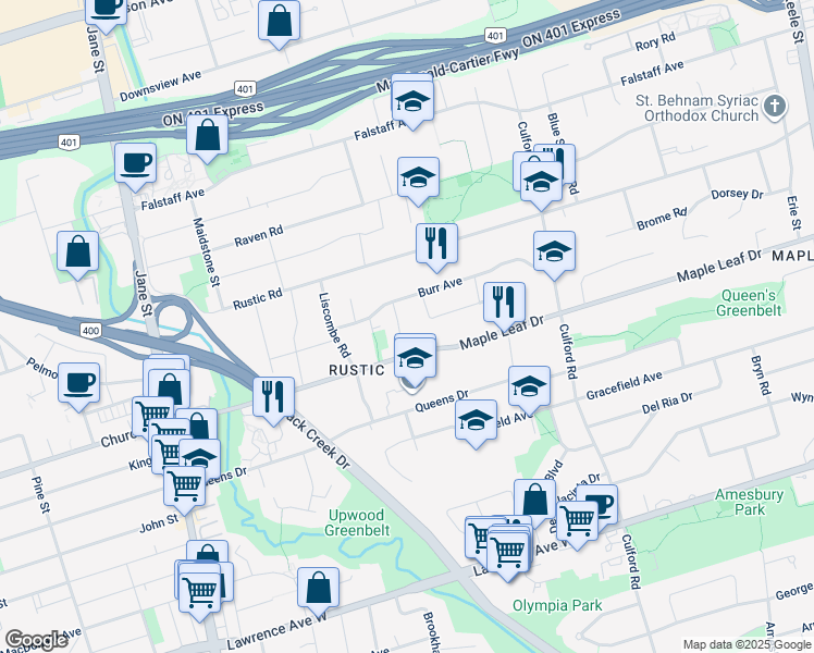 map of restaurants, bars, coffee shops, grocery stores, and more near 13 Bourdon Avenue in Toronto