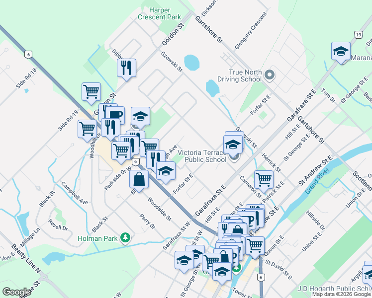 map of restaurants, bars, coffee shops, grocery stores, and more near 22 Churchill Crescent East in Fergus