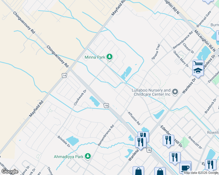 map of restaurants, bars, coffee shops, grocery stores, and more near 42 Callandar Road in Brampton