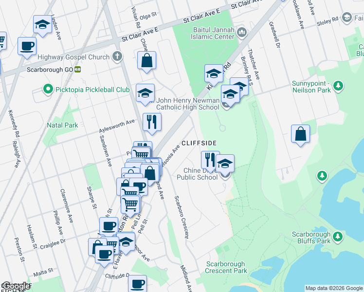 map of restaurants, bars, coffee shops, grocery stores, and more near in Toronto