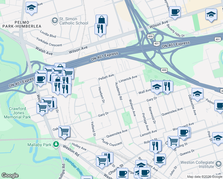 map of restaurants, bars, coffee shops, grocery stores, and more near in Toronto
