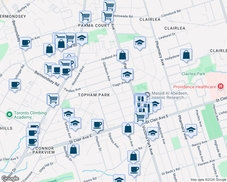 map of restaurants, bars, coffee shops, grocery stores, and more near 77 Glenburn Avenue in Toronto