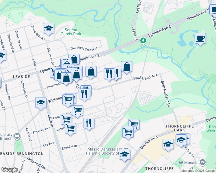 map of restaurants, bars, coffee shops, grocery stores, and more near Wicksteed Avenue in Toronto