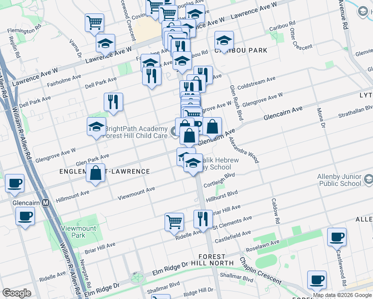 map of restaurants, bars, coffee shops, grocery stores, and more near 505 Glencairn Avenue in Toronto