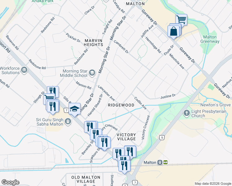 map of restaurants, bars, coffee shops, grocery stores, and more near 7175 Reindeer Drive in Mississauga