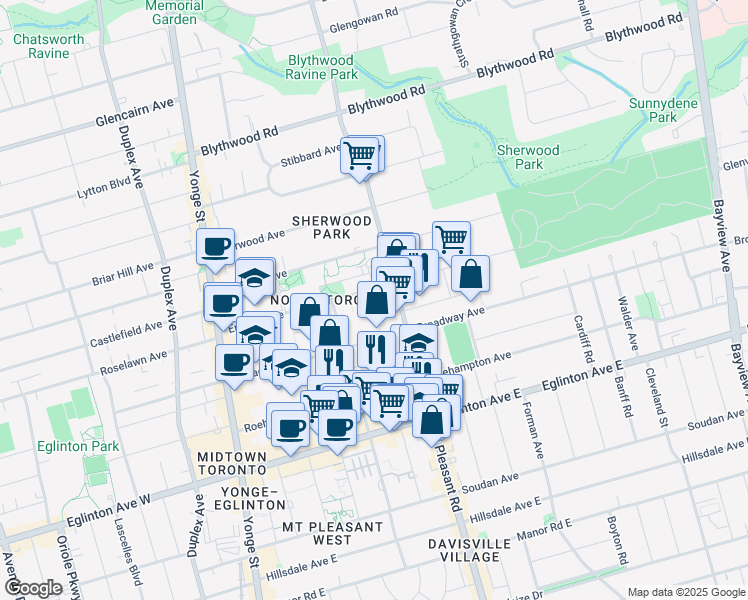 map of restaurants, bars, coffee shops, grocery stores, and more near 900 Mount Pleasant Road in Toronto