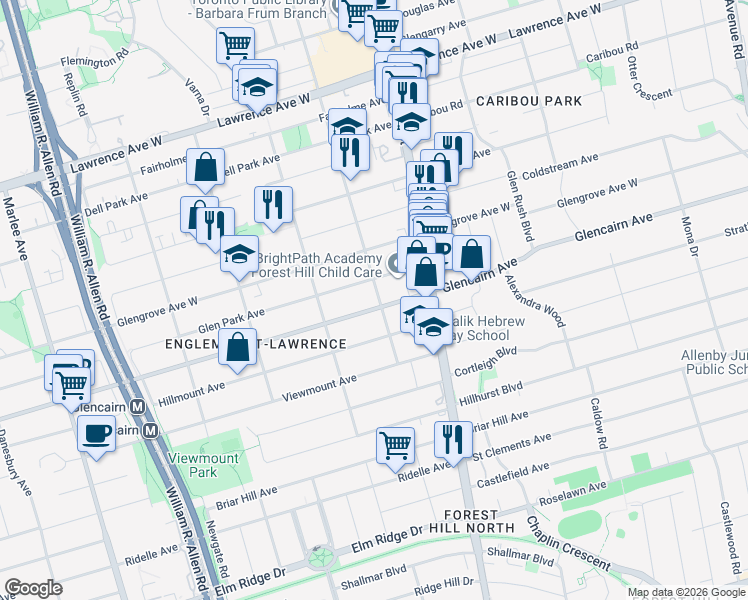 map of restaurants, bars, coffee shops, grocery stores, and more near in Toronto