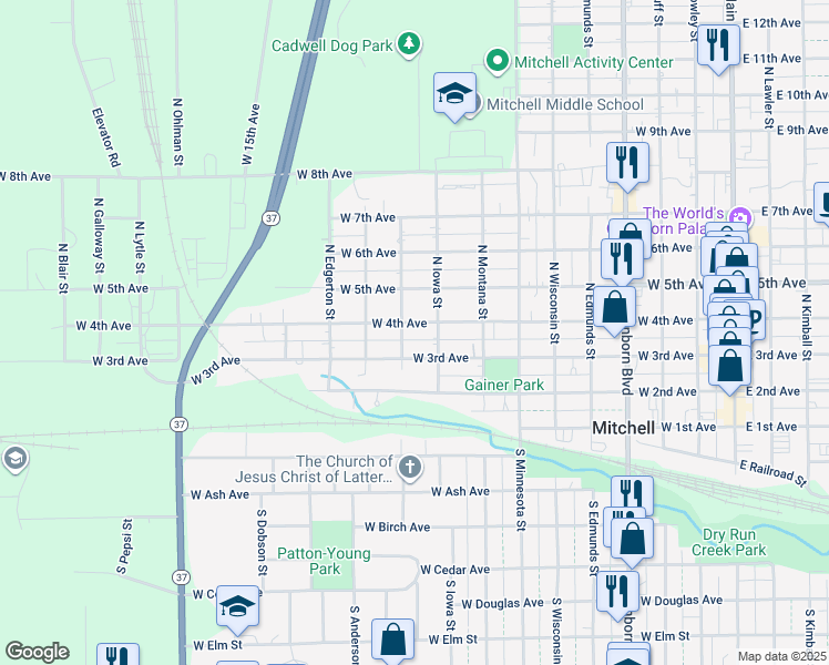 map of restaurants, bars, coffee shops, grocery stores, and more near 301-399 North Isadore Street in Mitchell