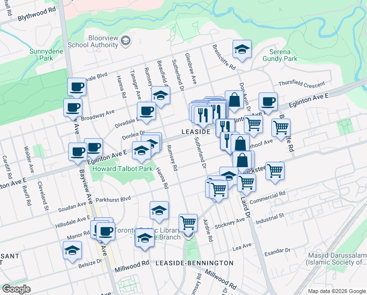 map of restaurants, bars, coffee shops, grocery stores, and more near 48 Parklea Drive in Toronto
