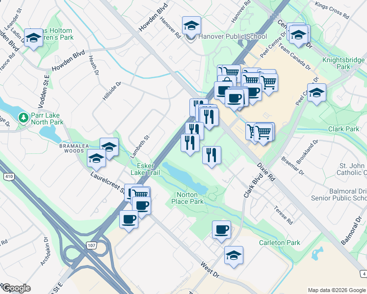 map of restaurants, bars, coffee shops, grocery stores, and more near 6 Silver Maple Court in Brampton