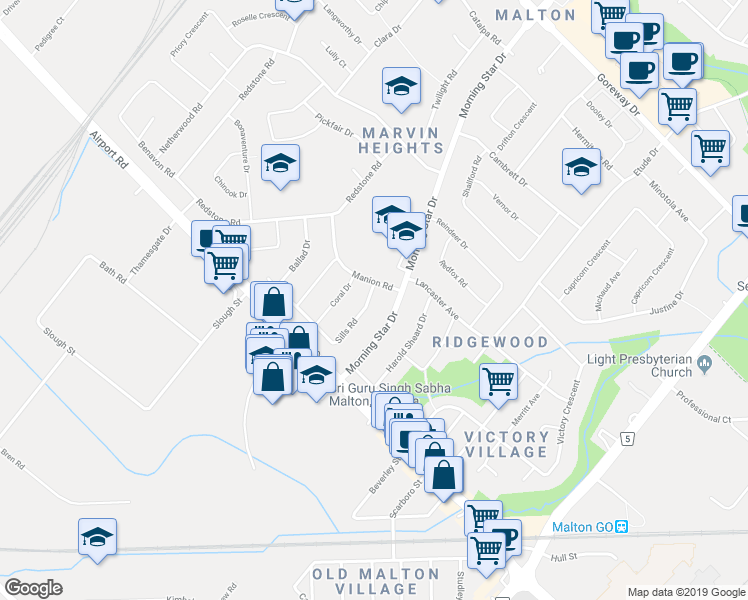 map of restaurants, bars, coffee shops, grocery stores, and more near 7242 Sills Road in Mississauga