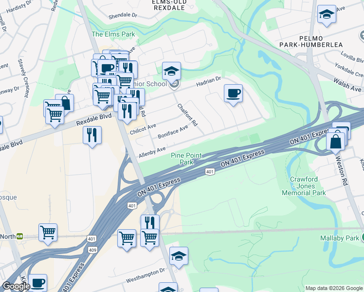 map of restaurants, bars, coffee shops, grocery stores, and more near in Toronto