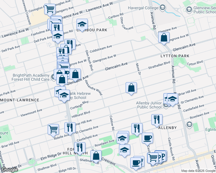 map of restaurants, bars, coffee shops, grocery stores, and more near in Toronto
