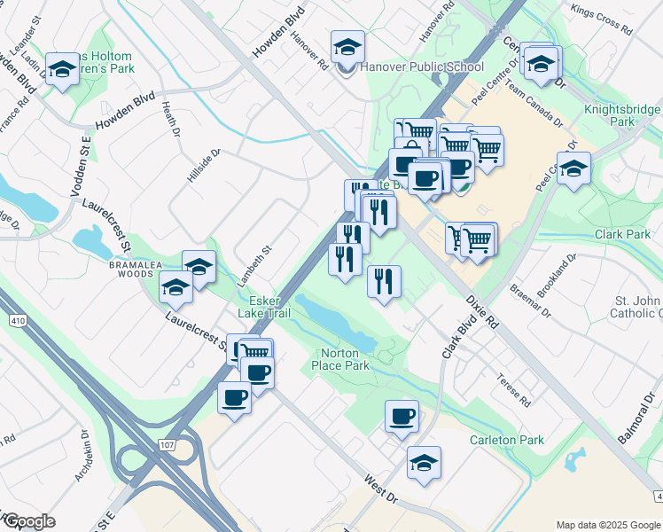 map of restaurants, bars, coffee shops, grocery stores, and more near 6 A Silver Maple Court in Brampton