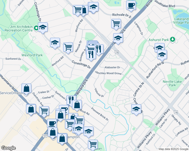 map of restaurants, bars, coffee shops, grocery stores, and more near 137 Valonia Drive in Brampton