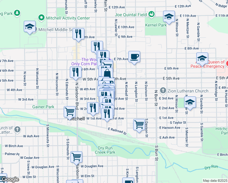 map of restaurants, bars, coffee shops, grocery stores, and more near 108 East 3rd Avenue in Mitchell