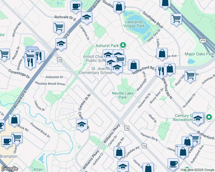 map of restaurants, bars, coffee shops, grocery stores, and more near 15 Buckland Way in Brampton